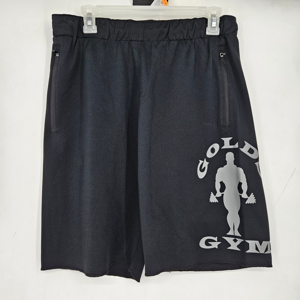 Golds Gym Shorts Mens Small Silver Logo Fleece Workout Black